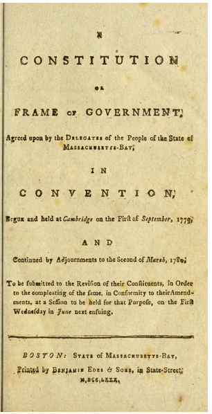 Photograph of the title page of the first published edition of the original 1780 Massachusetts Constitution.