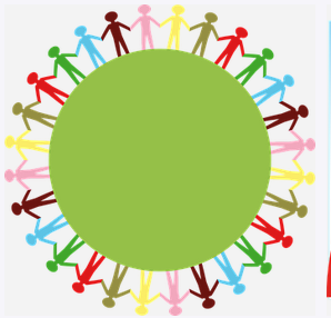 Gráfico que representa a la Tierra como un círculo verde, con siluetas humanas en varios tonos de rojo, amarillo, azul y verde cogidos de la mano para rodear su circunferencia.