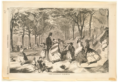 Black-and-white engraving by Winslow Homer, showing families walking through the Boston Commons on a sunny day. Engraving originally from the May 22, 1858 edition of Harper's Weekly.