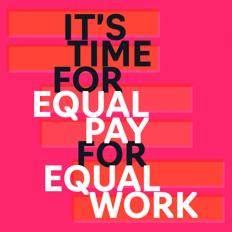 Poster with the message "It's time for equal pay for equal work", created for the 2020 presidential campaign of Kristen Gillibrand. Consists of a bright pink background with three red equal signs moving down it from left to right, and the words "equal pay" and "equal work" in white and the other words in black.