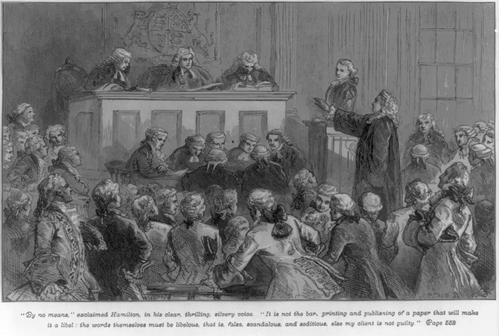 Black-and-white wood engraving of Andrew Hamilton defending Peter Zenger in court in 1735.
