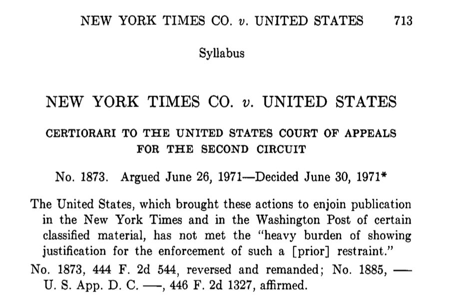 Photograph of the first page of the Supreme Court decision in New York Times Co. v. United States.