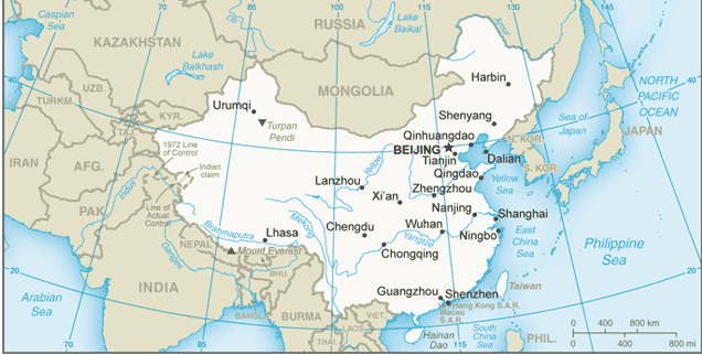 Map of China from 2019 edition of the CIA World Factbook.