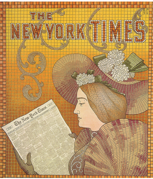 Detail of a 1895 New York Times advertisement designed by Edward Penfield, depicting an Art Nouveau-style illustration of a woman in a flowered hat reading the New York Times.