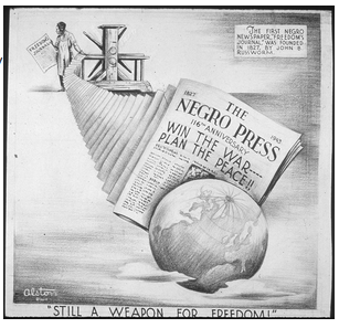 1943 cartoon drawn in graphite by Charles Henry Alston, showing a row of 116th Anniversary editions of The Negro Press coming off the printing press with the headline "Win the war - plan the peace!!" A globe of the world partially covers the newspaper closest to the viewer, and a caption states "The first Negro newspaper, 'Freedom's Journal,' was founded in 1827, by John B. Russworm.