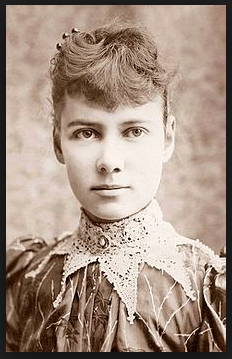 Formal head-and-shoulders photograph in black-and-white, of Nellie Bly (pseudonym of Elizabeth Cochrane Seaman). Photograph taken by H. J. Myers circa 1890.