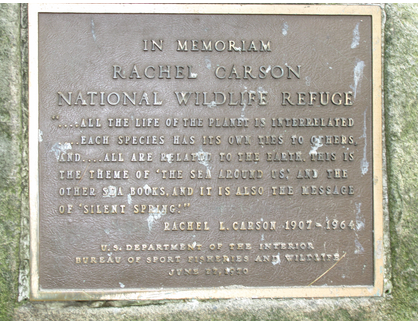 Photograph of a memorial plaque at the Rachel Carson National Wildlife Refuge in Wells, Maine. Text of the plaque states "In Memoriam - Rachel Carson National Wildlife Refuge. '...All the life of the planet is interrelated...each species has its own ties to others, and...all are related to the Earth. This is the theme of "The Sea Around Us" and the other sea books, and it is also the message of "Silent Spring."' - Rachel L. Caron, 1907-1964."