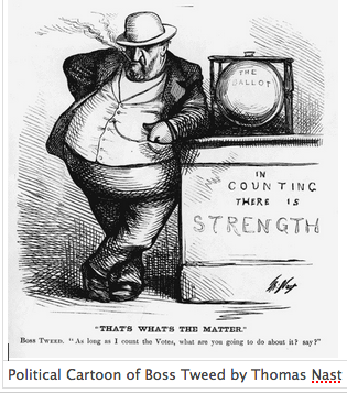 Political cartoon of Boss Tweed, drawn in pen and ink by Thomas Nast in 1871. Cartoon shows Tweed leaning against a ballot box with the slogan "In counting there is strength," with a line of text under the drawing stating "That's what's the matter. Boss Tweed: 'As long as I count the votes, what are you going to do about it? say?"