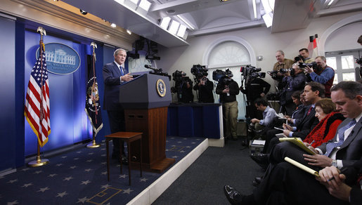 Photograph of President George W. Bush at his final press conference in the James S. Brady Press Briefing Room of the White House.