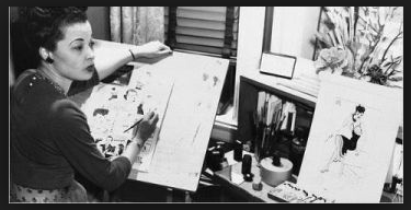 Photograph of Jackie Ormes working on a drawing in her studio.