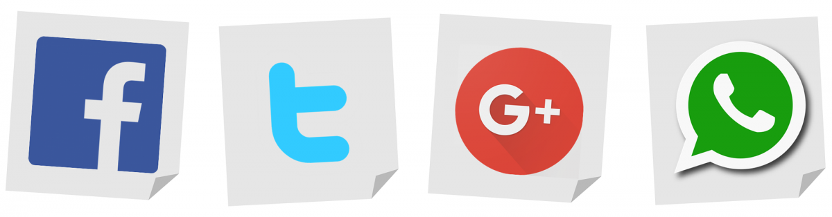 Graphic of 4 "sticky notes," each with the logo of a social media company: from left to right, Facebook, Twitter, Google Plus, and Whatsapp.