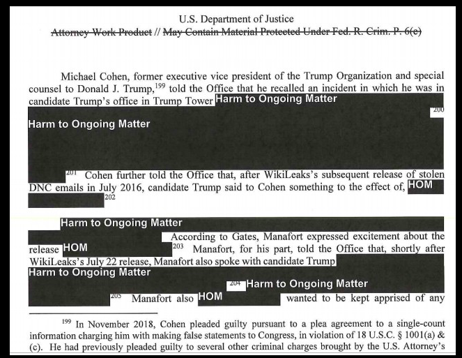 Page 53 of the Mueller Report, with significant portions of the text redacted for "Harm to Ongoing Matters." The visible sections mention Donald Trump; Michael Cohen, special counsel to Trump; Paul Manafort, Trump's 2016 campaign chairman; and conversations between them after WikiLeaks's release of stolen Democratic National Committee emails in July 2016.