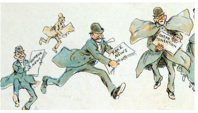 Section of a color print by Frederick Opper Burr, published in 1894, showing several newspaper reporters, each holding a stack of papers: one stack is labeled "Humbug News," another "Fake News," and a third "Cheap Sensation."