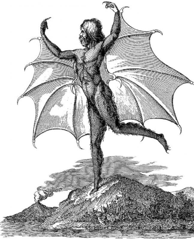 Etching of one of the "man-bats" that the Great Moon Hoax claimed lived on the Moon, published in Naples in 1836.