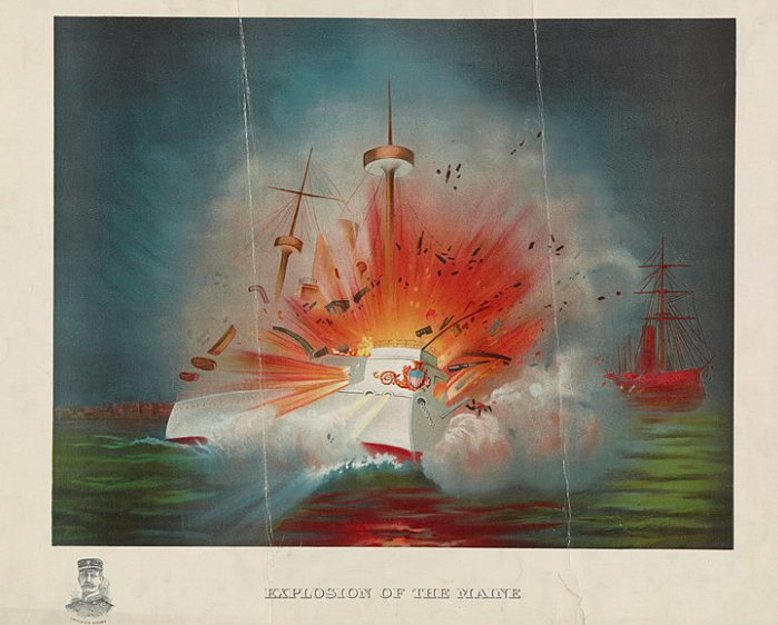 Chromolithograph print entitled "Explosion of the Maine," showing a ship experiencing a fiery explosion.