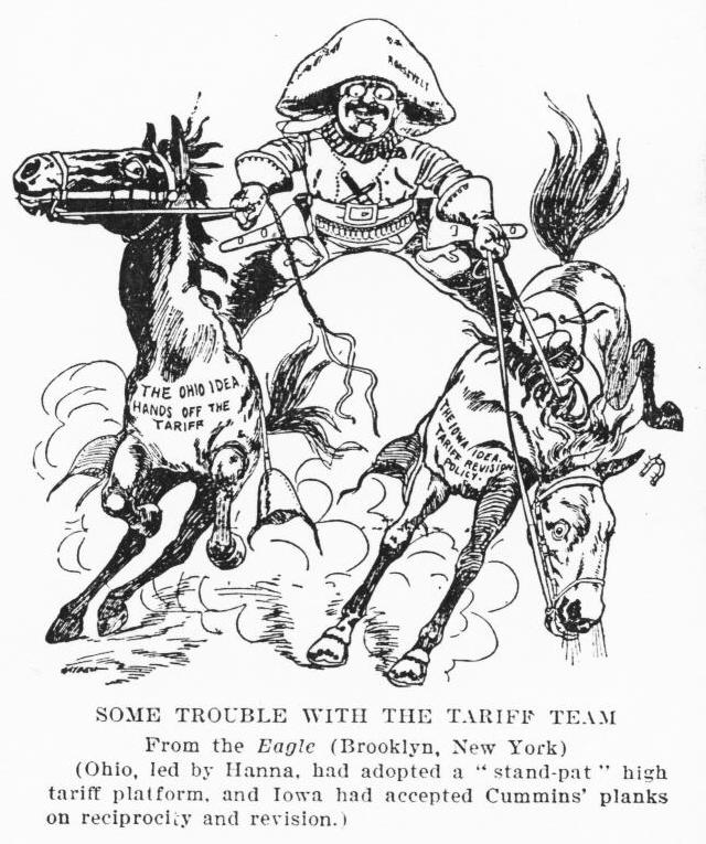 Black-and-white editorial cartoon originally published in 1901 in the Brooklyn Eagle, showing President Teddy Roosevelt standing with one foot on the back of each of two horses who are moving apart. One horse is labeled "The Ohio idea: hands off the tariff" and the other is labeled "The Iowa idea: tariff revision policy."