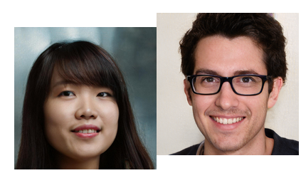 Pictures of two AI-generated faces: a young East Asian woman on the left and a young white man wearing glasses on the right.