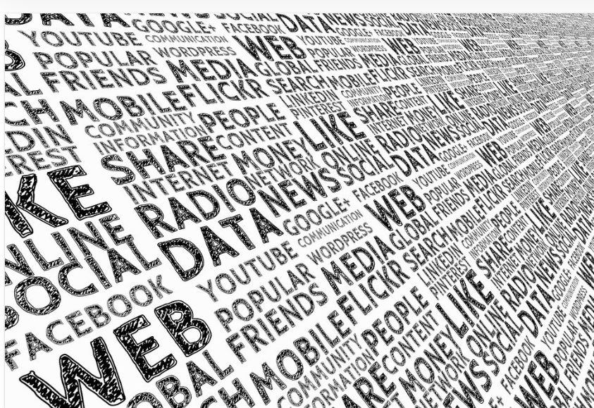 Graphic of words relating to media, including "Internet," "radio," "data," "content," "money," and names of various social media platforms, written in black letters on a white background.