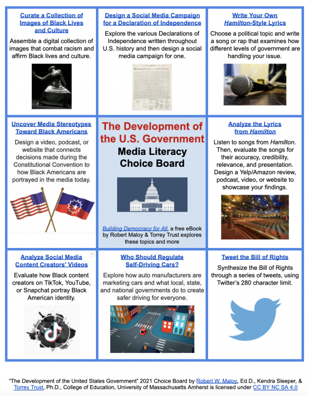 Media literacy choice board on the topic of the development of the U.S. government, created by Robert Maloy, Kendra Sleeper, and Torrey Trust.