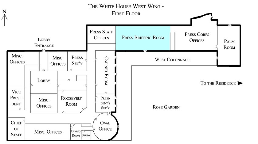 Floorplan of the first floor of the West Wing of the White House, in which one of the rooms depicted, the press briefing room, is highlighted in blue.