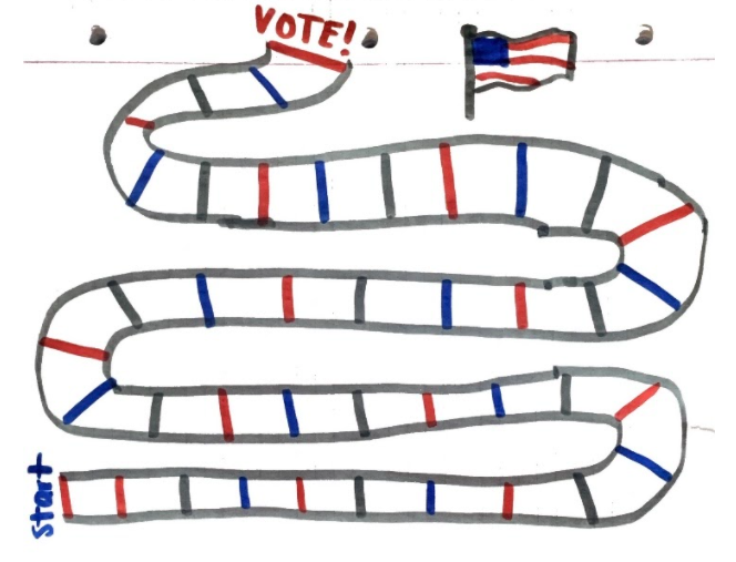 A winding game course is divided into many shorter sections marked by stripes of red, gray, and blue. The word "Start" is written at one end of the course, and the far end is labeled with the word "Vote!" and a drawing of the American flag.