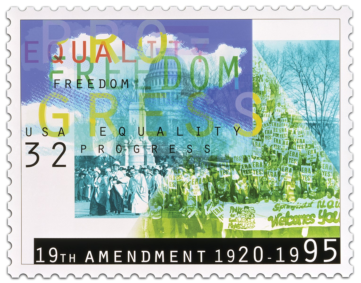 A 32-cent Women's Suffrage commemorative US postal stamp issued in 1995, on the 75th anniversary of the passage of the 19th Amendment. Stamp bears photographs of women's suffrage marches and the words "equality," "freedom," and "progress."
