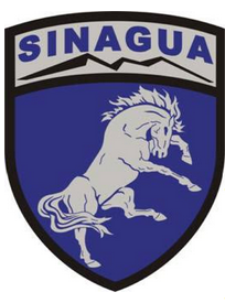 Shield-shaped seal of the Sinagua High School JROTC. Lower part of the shield is blue with a white design of a rearing mustang; upper part of the shield is white with a line outline of a mountain range, representing the San Francisco Peaks, and the name "SINAGUA" in blue.