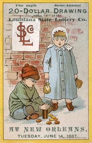 1887 advertising flier for the semi-annual Louisiana State Lottery drawing in New Orleans on June 14. Artwork shows a young boy and girl with coins and banknotes, presumably to symbolize the schoolchildren the lottery was advertised as benefiting