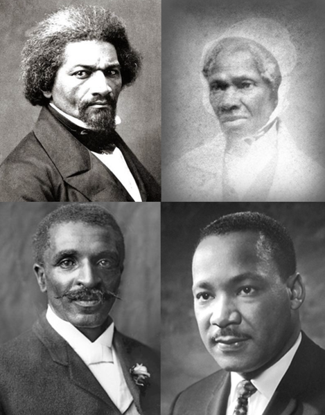 Compilation of four black-and-white portrait photographs of historically important African Americans: Frederick Douglass, Sojourner Truth, George Washington Carver, and Martin Luther King, Jr.
