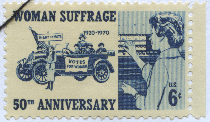 6-cent U.S. postal stamp issued in 1970, commemorating the 50th anniversary of the passage of the 19th Amendment for women's suffrage. Stamp shows a drawing of women protesting for the right to vote.