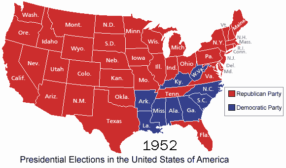 Map of the United States, animated to show the party (Democrat or Republican) for which each state voted in each presidential election from 1952 to 2004. of 