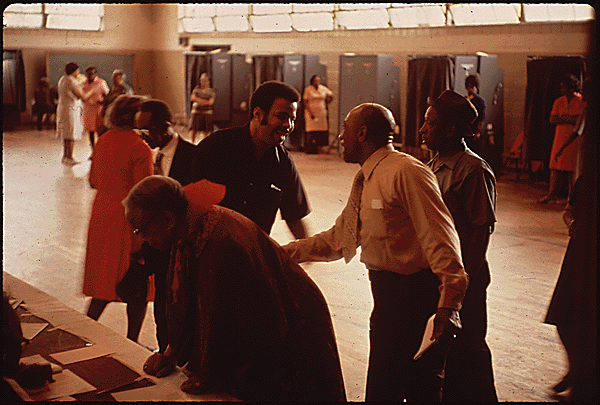 Photograph of a polling place in Birmingham, Alabama on Election Day in 1972, with African Americans making all the visible people.
