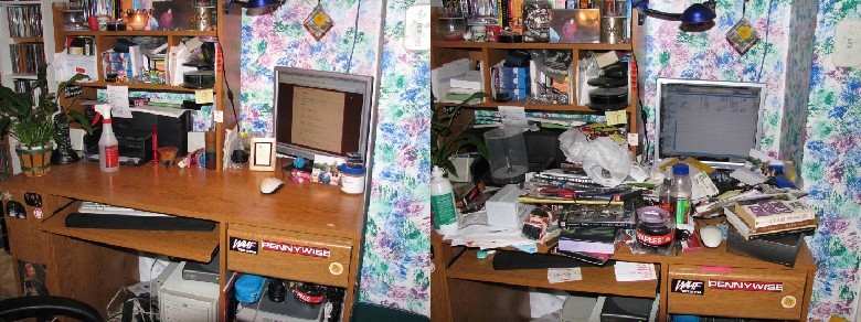 Two images of a study space - one tidy and one messy