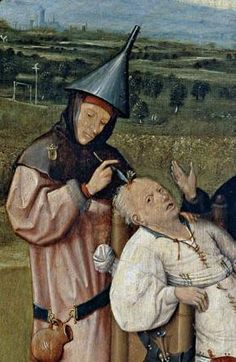 Bosch painting depicting a man boring a hole in the top of the skull of a seated man, attempting to extract his "madness"