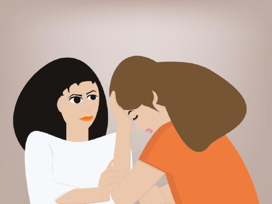 Computer-generated image of two women. One woman has her head in her hand and looks distressed, and the other is reaching out and comforting her, like a counselor may do.