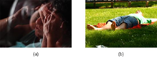 Photograph A is a distorted image of a person, head in hand, who appears stressed. Photograph B shows a barefoot person lying down on a blanket in the grass.