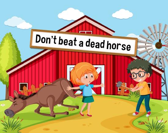  A girl standing in front of a dead horse, preventing someone from attacking it