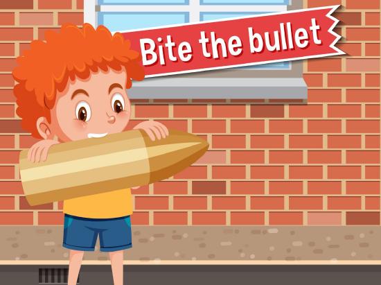  A boy holding a giant bullet, about to bite into it