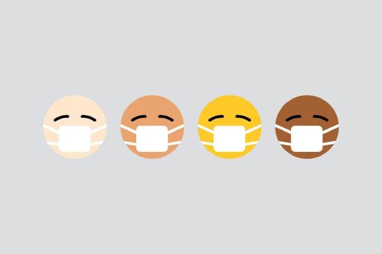 Four emojis representing different ethnicities, each one wearing a face mask