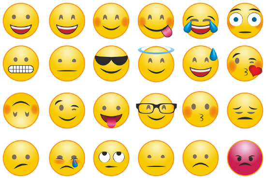 Examples of standard emojis, smiley faces with various expressions