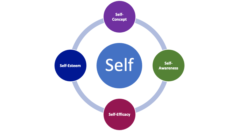 Gráfica que muestra que el yo está en el centro del autoconcepto, la autoconciencia, la autoeficacia y la autoestima