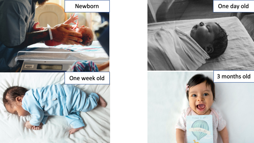 Bebés al recién nacido, un día de edad, una semana y 3 meses de edad