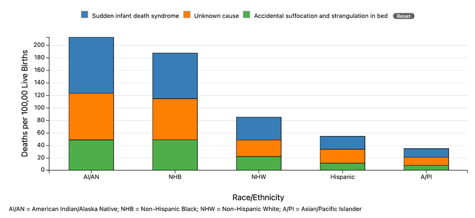 Muerte infantil súbita inesperada por raza/etnia. Este gráfico muestra los datos proporcionados en la leyenda de la figura.