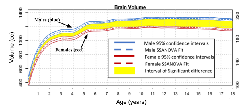 Crecimiento del volumen cerebral de 0 a 18 años. Este gráfico muestra los datos proporcionados en el título de la figura