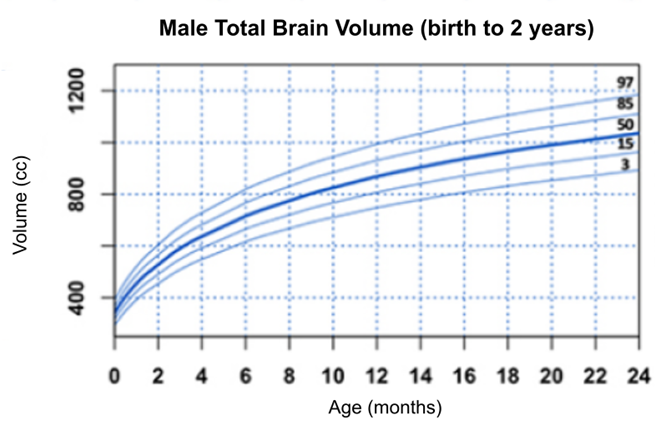 Volumen cerebral total masculino (desde el nacimiento hasta los 2 años) que muestra los percentiles 3, 15, 50, 85 y 97 de crecimiento normal del volumen cerebral en varones. Este gráfico muestra los datos proporcionados en el título de la figura