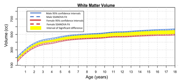 Growth trajectories of white matter. This chart shows data provided in the figure caption