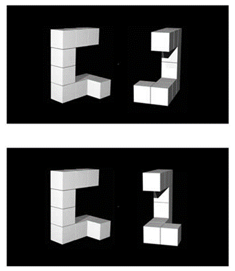 Two image frames each with two three dimensional objects. In the second image frame the second object is rotated 90 degrees. 