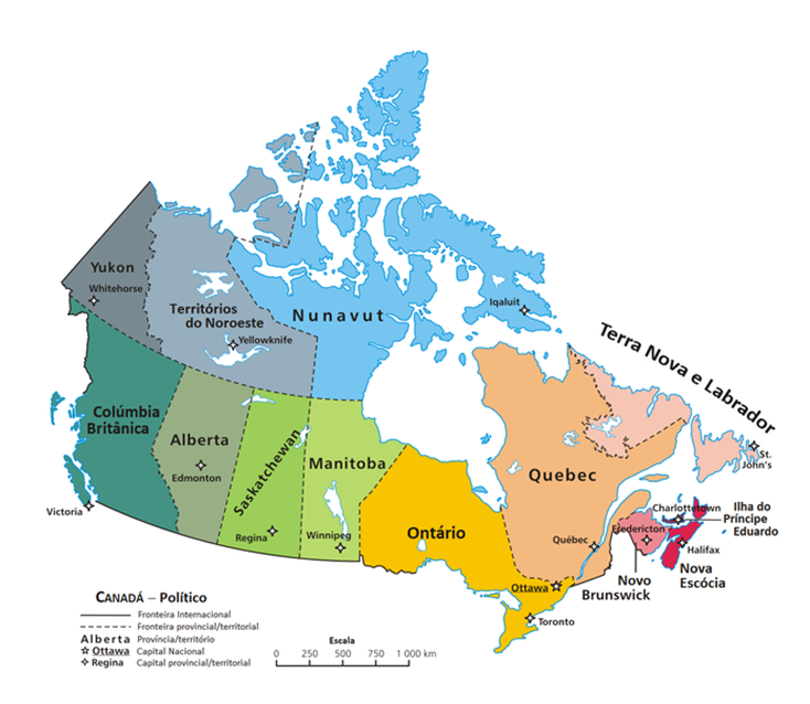Map of Canada. Areas include Yukon, Columbia Brtianica, Territorios do Noroeste, Alberta, Saskatchewan, Nunavut, Manitoba, Ontario, Quebec, Novo Burnswick, Nova Escocia