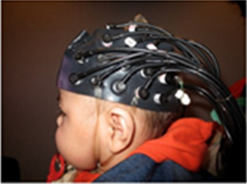 Side view of infant with FNIRS cap on. Cap covers infants head with sensors connected to computers. 
