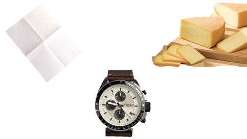 Stimuli of folder paper, cut cheese on cutting board and analog wrist watch, used to simultaneously activate multilinguals’ mental language representations